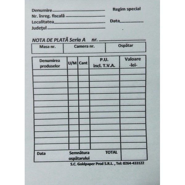 NOTA PLATA AUTOCOPIATIV 2 EXEMPLARE